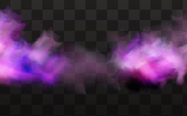 Mor zehirli gaz, toz ve duman efekti, saydam karanlık arka plan üzerinde. Vektör illüstrasyonu. Geceleri korkunç, gizemli, gerçekçi bir sis..