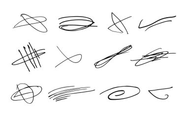 Vurgulama çizgileri ve imzalar dizisi. Çarpıtılmış ve çaprazlanmış çizgiler. Fırça darbeleri veya mürekkep..