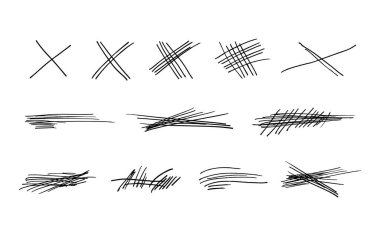 Vurgulama çizgileri ve imzalar dizisi. Çarpıtılmış ve çaprazlanmış çizgiler. Fırça darbeleri veya mürekkep..