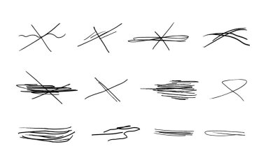 Vurgulama çizgileri ve imzalar dizisi. Çarpıtılmış ve çaprazlanmış çizgiler. Fırça darbeleri veya mürekkep..