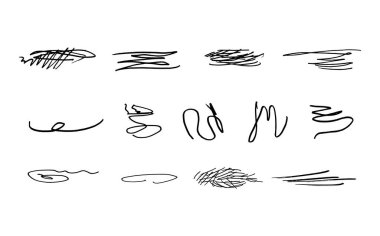 Vurgulama çizgileri ve imzalar dizisi. Çarpıtılmış ve çaprazlanmış çizgiler. Fırça darbeleri veya mürekkep..
