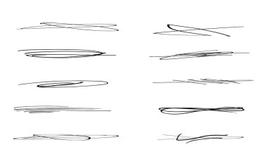 Fırça darbesi işaretleyicileri veya mürekkep. Doodle vektör grafik elementleri. Çarpıtılmış ve çaprazlanmış çizgiler ve imzalar..