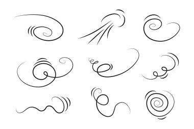 Rüzgar, çizgi film tarzında esiyor. El çizimi karikatür tarzıyla dalgalanan bir illüstrasyon. Rüzgâr esintisinin ana hatları..