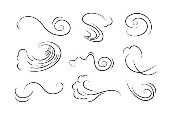 ラインスタイルの風吹きセット 手描きの落書き漫画スタイルの流れるイラスト 風の息のアウトライン図 — ストックベクタ