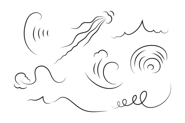 Vind Blåset Linje Stil Wave Flödande Illustration Med Handritade Klotter — Stock vektor
