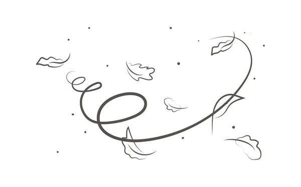 ラインスタイルで設定された風吹 手描きの落書き漫画スタイルの流れるイラスト 秋の葉を飛ぶ風の息のアウトライン描画 — ストックベクタ