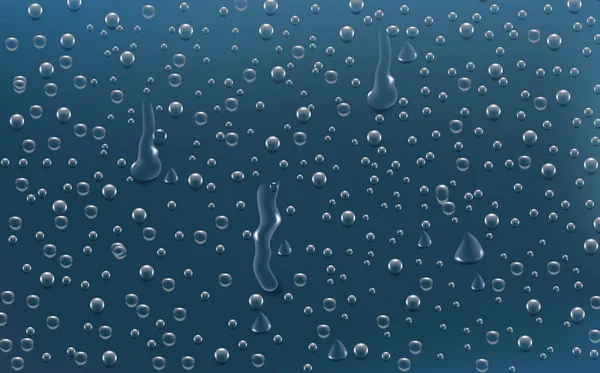 实际的湿冷凝结构 淡水对表面的飞溅效应 雨水透明的水滴沿着玻璃流下 液体传播的水滴形状 — 图库矢量图片
