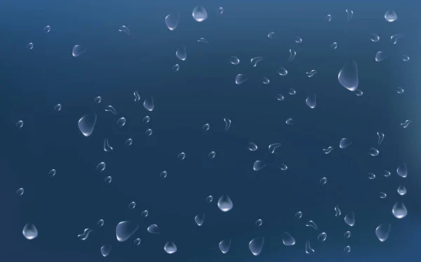 实际的湿冷凝结构 淡水对表面的飞溅效应 雨水透明的水滴沿着玻璃流下来 液体扩散的水滴形状 — 图库矢量图片