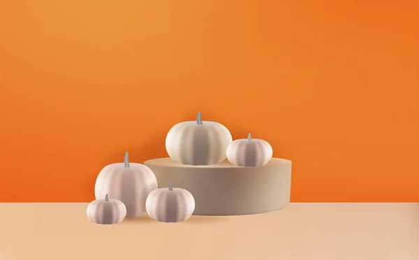 Festive Halloween Background Decorated Pumpkins Fog Podium Minimal Realistic Design — Stock Vector