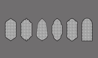 Ramazan kareem simbol simge. İslami pencerelerin siyah beyaz siluetleri. Arap çerçevesi..