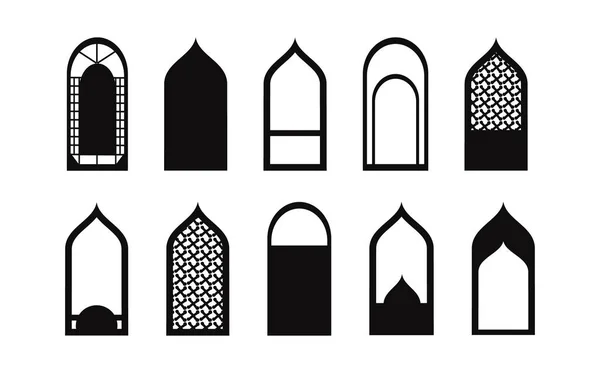 Ramadan Kareem Simbol Icon Set Черно Белых Силуэтов Исламских Окон Лицензионные Стоковые Иллюстрации