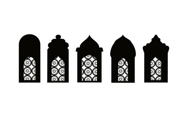Ramadan Kareem Simbol Icon Set Черно Белых Силуэтов Исламских Окон — стоковый вектор