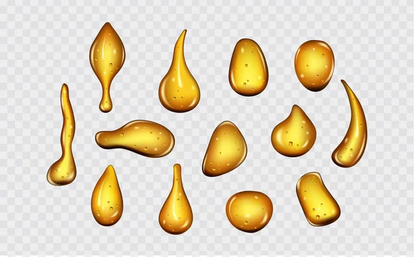 Falling Gasoline Yellow Droplet Liquid Golden Drops Water Honey Oil — Stock Vector