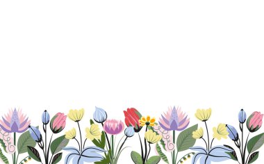 Düz bir stilde çiçek dizisi. Çiçekler ve yapraklarla botanik çizimler..