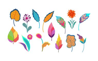 Düz bir stilde çiçek dizisi. Çiçekler ve yapraklarla botanik çizimler..