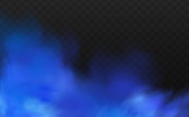 Yerin üzerinde mavi sihirli sis. Gecenin şeffaf bulutları ve nehrin üzerindeki sisin görüntüsü. Şeffaf karanlık bir arka planda gerçekçi neon sisi buharı.