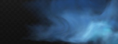 Yerin üzerinde mavi sihirli sis. Gecenin şeffaf bulutları ve nehrin üzerindeki sisin görüntüsü. Şeffaf karanlık bir arka planda gerçekçi neon sisi buharı.