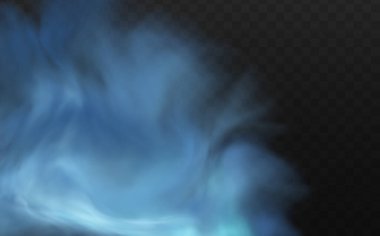 Yerin üzerinde mavi sihirli sis. Gecenin şeffaf bulutları ve nehrin üzerindeki sisin görüntüsü. Şeffaf karanlık bir arka planda gerçekçi neon sisi buharı.