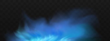 Yerin üzerinde mavi sihirli sis. Gecenin şeffaf bulutları ve nehrin üzerindeki sisin görüntüsü. Şeffaf karanlık bir arka planda gerçekçi neon sisi buharı.