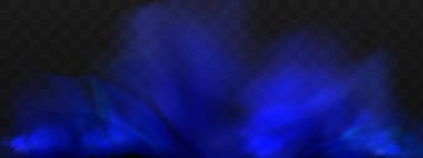 Yerin üzerinde mavi sihirli sis. Gecenin şeffaf bulutları ve nehrin üzerindeki sisin görüntüsü. Şeffaf karanlık bir arka planda gerçekçi neon sisi buharı.