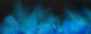 Yerin üzerinde mavi sihirli sis. Gecenin şeffaf bulutları ve nehrin üzerindeki sisin görüntüsü. Şeffaf karanlık bir arka planda gerçekçi neon sisi buharı.