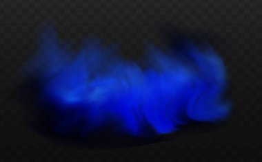 Yerin üzerinde mavi sihirli sis. Gecenin şeffaf bulutları ve nehrin üzerindeki sisin görüntüsü. Şeffaf karanlık bir arka planda gerçekçi neon sisi buharı.