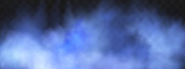 Yerin üzerinde mavi sihirli sis. Gecenin şeffaf bulutları ve nehrin üzerindeki sisin görüntüsü. Şeffaf karanlık bir arka planda gerçekçi neon sisi buharı.