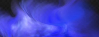 Yerin üzerinde mavi sihirli sis. Gecenin şeffaf bulutları ve nehrin üzerindeki sisin görüntüsü. Şeffaf karanlık bir arka planda gerçekçi neon sisi buharı.