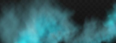 Yerin üzerinde mavi sihirli sis. Gecenin şeffaf bulutları ve nehrin üzerindeki sisin görüntüsü. Şeffaf karanlık bir arka planda gerçekçi neon sisi buharı.