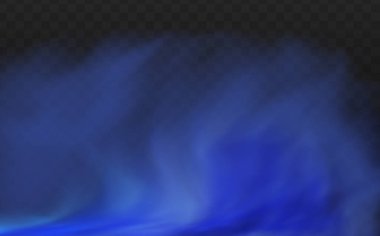 Yerin üzerinde mavi sihirli sis. Gecenin şeffaf bulutları ve nehrin üzerindeki sisin görüntüsü. Şeffaf karanlık bir arka planda gerçekçi neon sisi buharı.