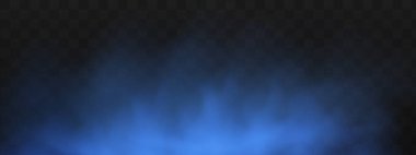 Yerin üzerinde mavi sihirli sis. Gecenin şeffaf bulutları ve nehrin üzerindeki sisin görüntüsü. Şeffaf karanlık bir arka planda gerçekçi neon sisi buharı.