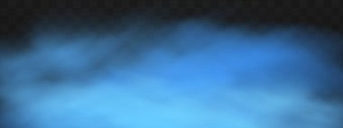 Yerin üzerinde mavi sihirli sis. Gecenin şeffaf bulutları ve nehrin üzerindeki sisin görüntüsü. Şeffaf karanlık bir arka planda gerçekçi neon sisi buharı.