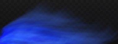 Yerin üzerinde mavi sihirli sis. Gecenin şeffaf bulutları ve nehrin üzerindeki sisin görüntüsü. Şeffaf karanlık bir arka planda gerçekçi neon sisi buharı.