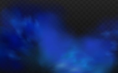 Yerin üzerinde mavi sihirli sis. Gecenin şeffaf bulutları ve nehrin üzerindeki sisin görüntüsü. Şeffaf karanlık bir arka planda gerçekçi neon sisi buharı.