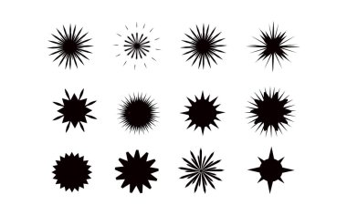 Yıldız patlaması çıkartmaları - beyaz arka planda izole edilmiş yuvarlak ve oval parlak etiketler ve promosyon teklifleri sunan düğmelerden oluşan bir koleksiyon. Promosyon için kırmızı yıldız etiketleri ve rozetleri topla.