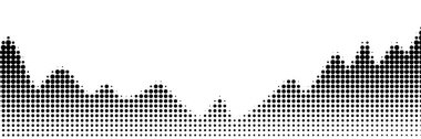Siyah gürültü noktaları, bir kum tanecikleri etkisi. Gri ölçekli vektör yarım ton, arkaplanda soyut bir dağ manzarasına benzeyen soluk nokta efektiyle noktalar oluşturuyor..