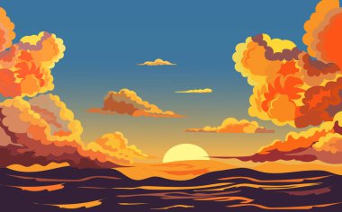 Gün batımında bulutlu güzel bir manzara. Deniz üzerinde uçan tüylü kümülüs bulutları. Pembe ve mavi bulutlarla şafak vakti çizgi film gökyüzü..