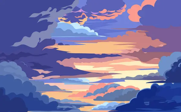 Beautiful cloudy landscape at sunset. Fluffy cumulus clouds flying over the sea.Cartoon dawn sky with pink and blue clouds.