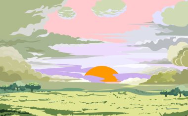 Deniz üzerinde uçan tüylü kümülüs bulutları. Pembe ve mavi bulutlarla şafak vakti çizgi film gökyüzü. Gün batımında güzel bulutlu manzara.