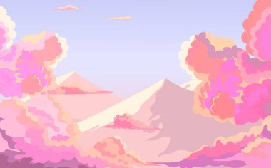 Deniz üzerinde uçan tüylü kümülüs bulutları. Pembe ve mavi bulutlarla şafak vakti çizgi film gökyüzü. Gün batımında güzel bulutlu manzara.