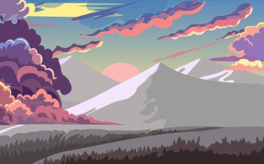 Deniz üzerinde uçan tüylü kümülüs bulutları. Pembe ve mavi bulutlarla şafak vakti çizgi film gökyüzü. Gün batımında güzel bulutlu manzara.