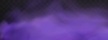 Şeffaf karanlık bir arka planda gerçekçi neon sisi buharı. Cadılar bayramında gizemli mor bir sis. Mor zehirli gaz, toz ve duman etkisi.