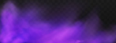 Şeffaf karanlık bir arka planda gerçekçi neon sisi buharı. Cadılar bayramında gizemli mor bir sis. Mor zehirli gaz, toz ve duman etkisi.