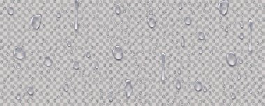 Fresh water splash effect on the surface.Liquid spreading droplet shapes.Rain transparent drops flow down the glass.Realistic wet condensation texture. clipart