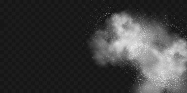 Beyaz kar fırtınasında bir buz kristali serpintisi. Gerçekçi beyaz un, şeker ve çamaşır tozu seti. Havada kar tozu patlaması.