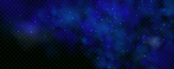 Starry neon magic dust.Realistic texture of fantastic smoke background. Blue fog with glitter and shimmering glowing particles.