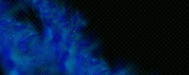 Yıldızlı neon sihirli toz. Fantastik duman arka planının gerçekçi dokusu. Parıldayan ve parıldayan parçacıkları olan mavi sis..