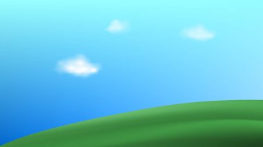 Yeşil tepeler, dağlar ve desenli çimen alanı ile çocuksu bir vektör çizimi 3D manzara çevreci bir çevre dostu park manzarası yaratır..