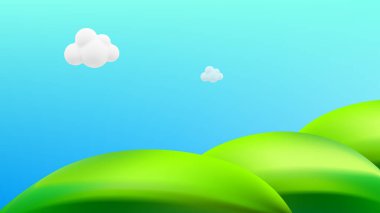 Yeşil tepeler, dağlar ve desenli çimen alanı ile çocuksu bir vektör çizimi 3D manzara çevreci bir çevre dostu park manzarası yaratır..