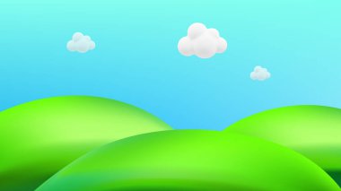 Yeşil tepeler, dağlar ve desenli çimen alanı ile çocuksu bir vektör çizimi 3D manzara çevreci bir çevre dostu park manzarası yaratır..